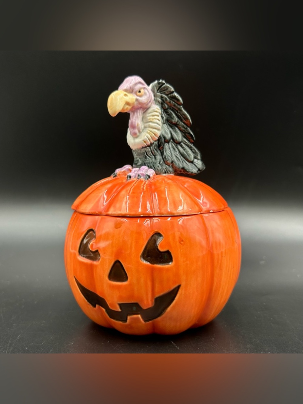1998 Fitz & Floyd Halloween Vulture On Pumpkin Candy Dish Jack O Lantern Ceramic
